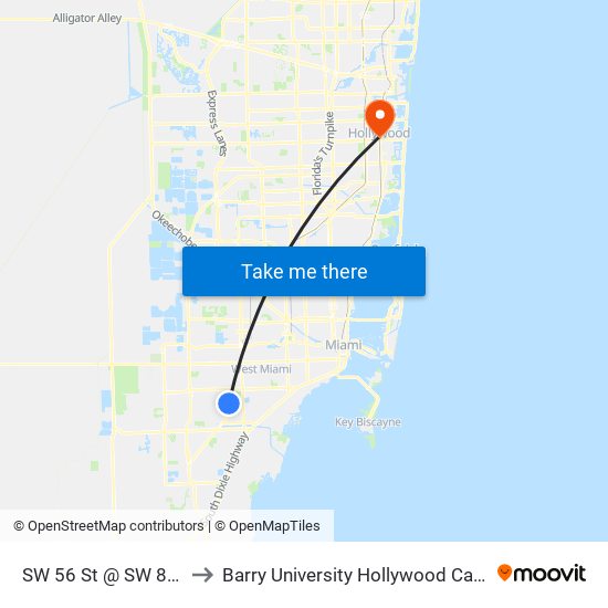 SW 56 St @ SW 87 Av to Barry University Hollywood Campus map