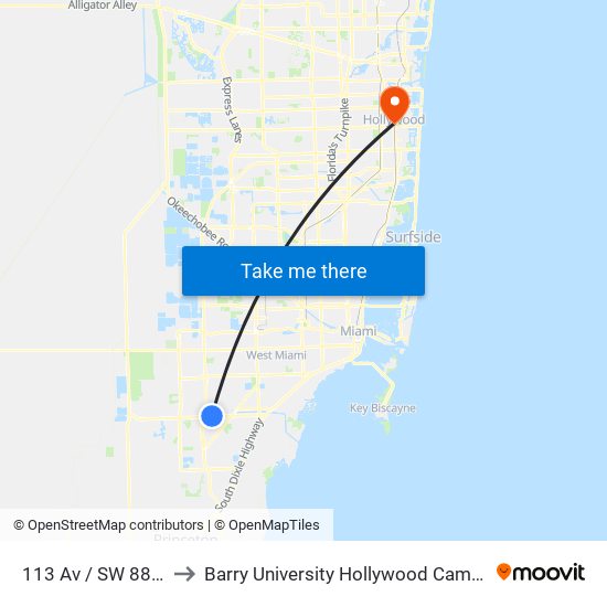 113 Av / SW 88 St to Barry University Hollywood Campus map