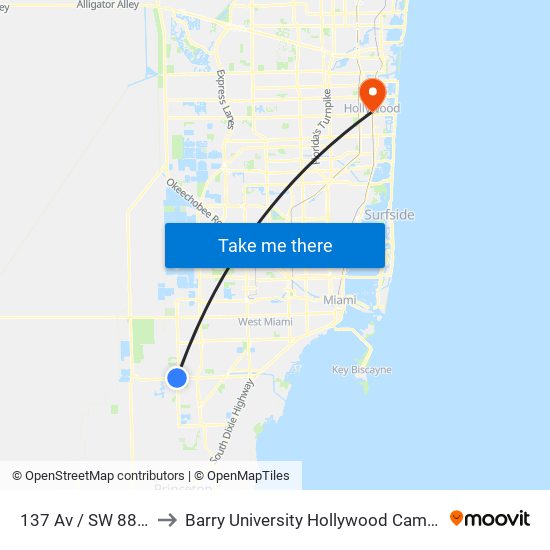 137 Av / SW 88 St to Barry University Hollywood Campus map