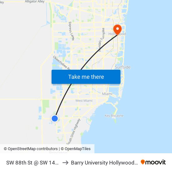 SW 88th St @ SW 142nd Ave to Barry University Hollywood Campus map