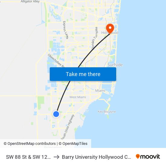 SW 88 St & SW 122 Av to Barry University Hollywood Campus map