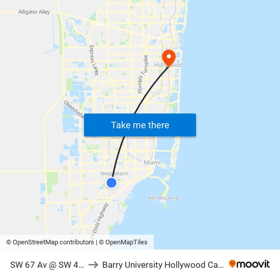 SW 67 Av @ SW 40 St to Barry University Hollywood Campus map