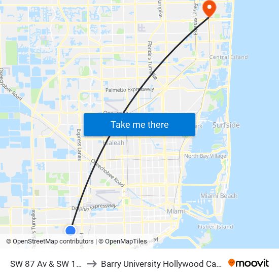 SW 87 Av & SW 16 St to Barry University Hollywood Campus map