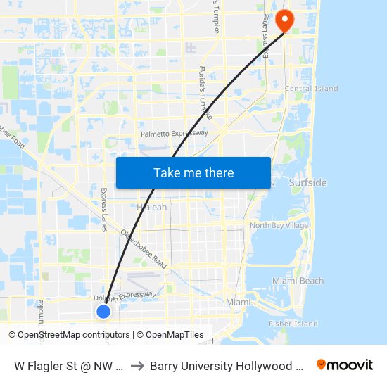 W Flagler St @ NW 79 Av to Barry University Hollywood Campus map