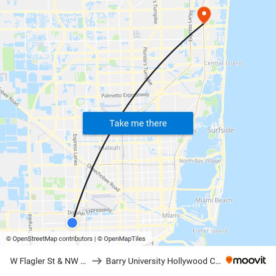 W Flagler St & NW 82 Av to Barry University Hollywood Campus map