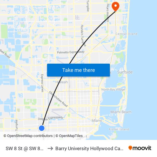 SW 8 St @ SW 80 Ct to Barry University Hollywood Campus map