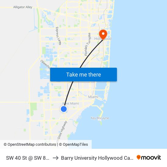 SW 40 St @ SW 82 Av to Barry University Hollywood Campus map