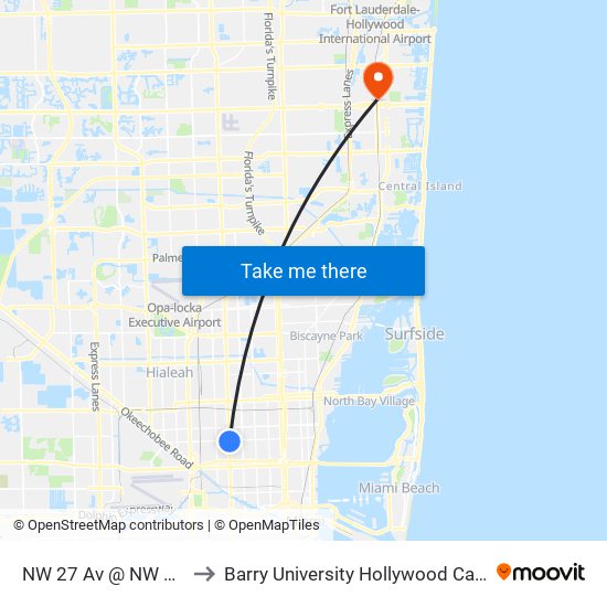 NW 27 Av @ NW 54 St to Barry University Hollywood Campus map