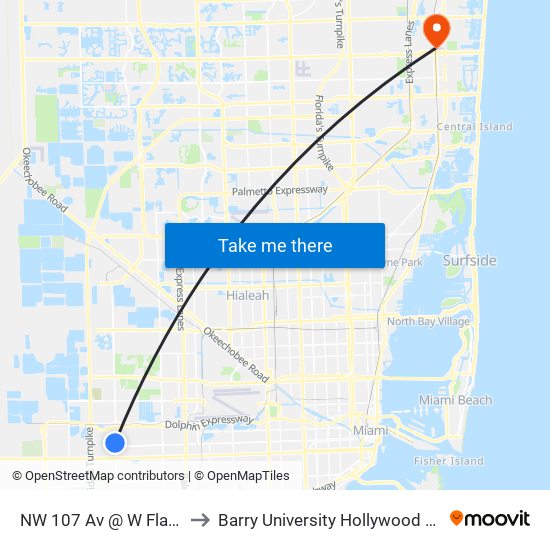 NW 107 AV @ W FLAGLER ST to Barry University Hollywood Campus map