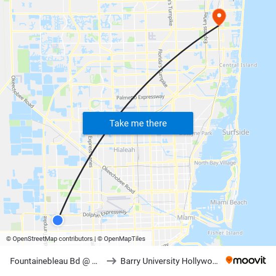 Fountainebleau Bd @ NW 107 Av to Barry University Hollywood Campus map