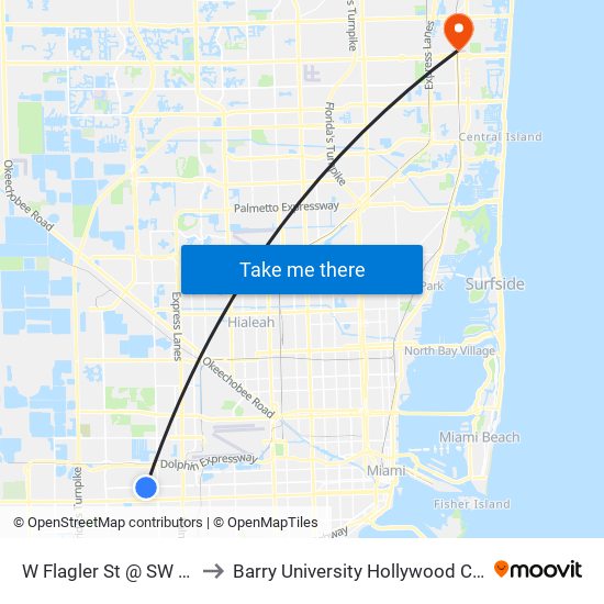 W Flagler St @ SW 92 Av to Barry University Hollywood Campus map