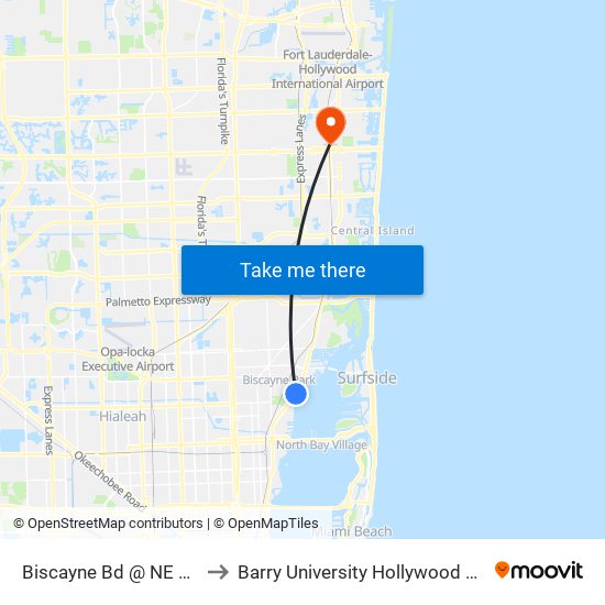 Biscayne Bd @ NE 108 St to Barry University Hollywood Campus map