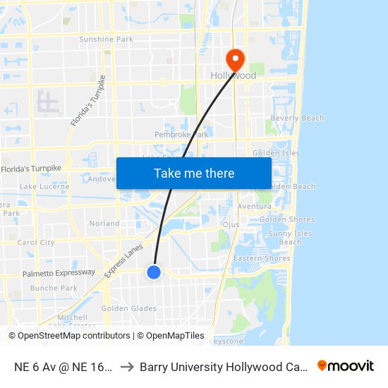 NE 6 Av @ NE 166 St to Barry University Hollywood Campus map