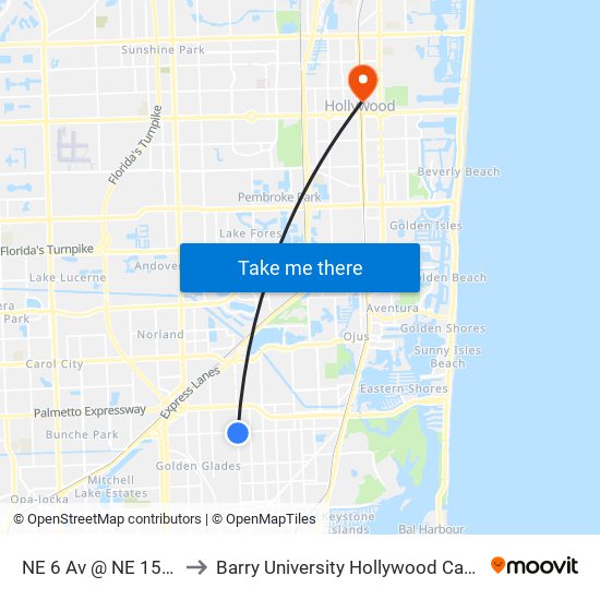 NE 6 Av @ NE 159 St to Barry University Hollywood Campus map