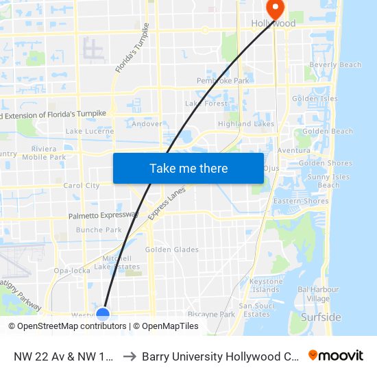 NW 22 Av & NW 119 St to Barry University Hollywood Campus map