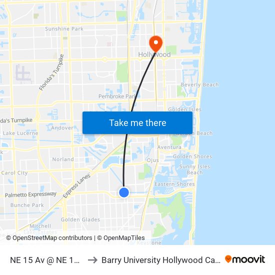 NE 15 Av @ NE 165 St to Barry University Hollywood Campus map