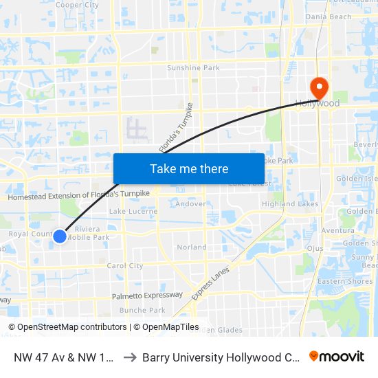 NW 47 Av & NW 199 St to Barry University Hollywood Campus map