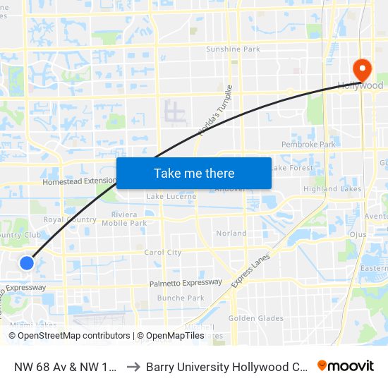 NW 68 Av & NW 179 St to Barry University Hollywood Campus map