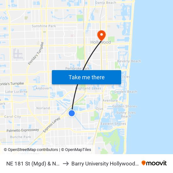 NE 181 St (Mgd) & NE 10 Av to Barry University Hollywood Campus map