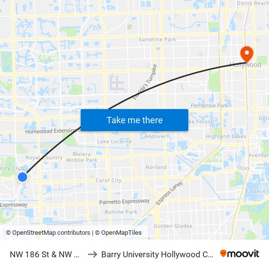 NW 186 St & NW 67 Av to Barry University Hollywood Campus map