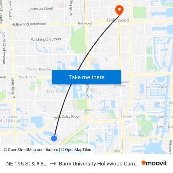 NE 195 St & # 800 to Barry University Hollywood Campus map