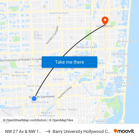NW 27 Av & NW 165 Te to Barry University Hollywood Campus map