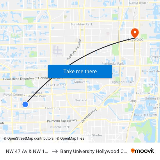 NW 47 Av & NW 188 St to Barry University Hollywood Campus map