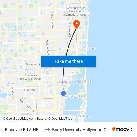 Biscayne Bd & NE 85 St to Barry University Hollywood Campus map
