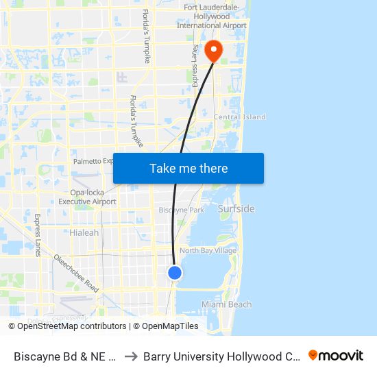 Biscayne Bd & NE 54 St to Barry University Hollywood Campus map