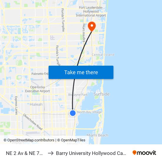 NE 2 Av & NE 75 St to Barry University Hollywood Campus map