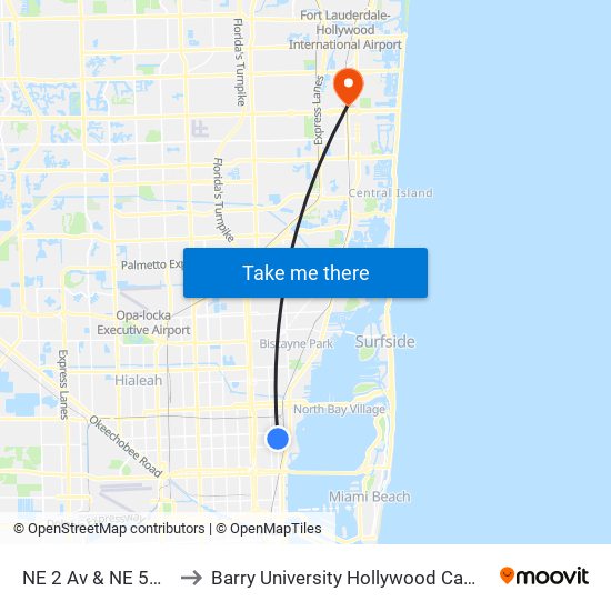 NE 2 Av & NE 59 St to Barry University Hollywood Campus map