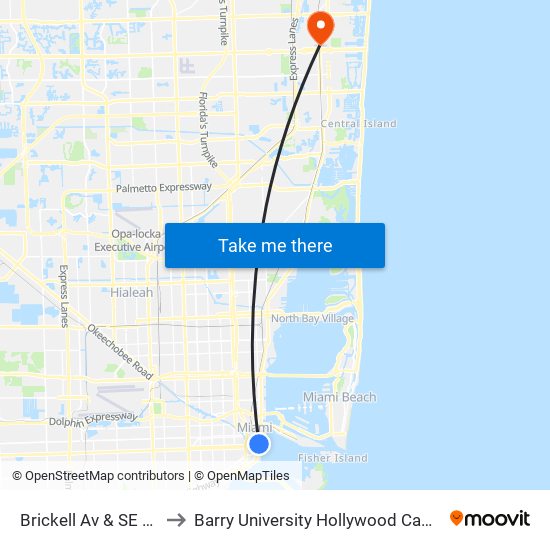 Brickell Av & SE 6 St to Barry University Hollywood Campus map