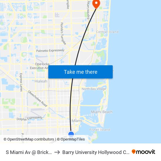 S Miami Av @ Brickell Av to Barry University Hollywood Campus map