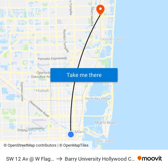 SW 12 Av @ W Flagler St to Barry University Hollywood Campus map