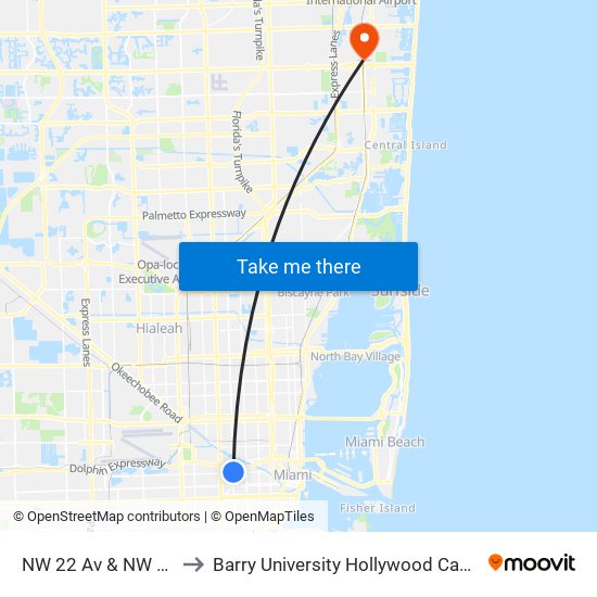 NW 22 Av & NW 7 St to Barry University Hollywood Campus map