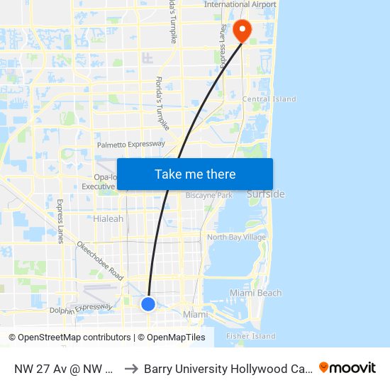 NW 27 Av @ NW 14 St to Barry University Hollywood Campus map