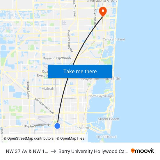 NW 37 Av & NW 11 St to Barry University Hollywood Campus map