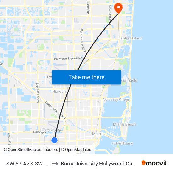 SW 57 Av & SW 5 Tr to Barry University Hollywood Campus map