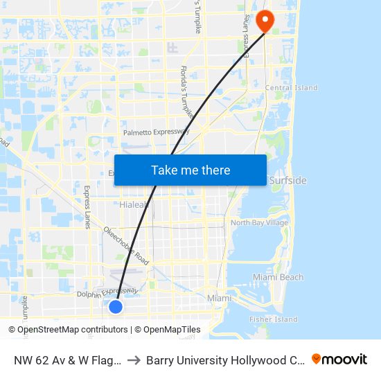 NW 62 Av & W Flagler St to Barry University Hollywood Campus map