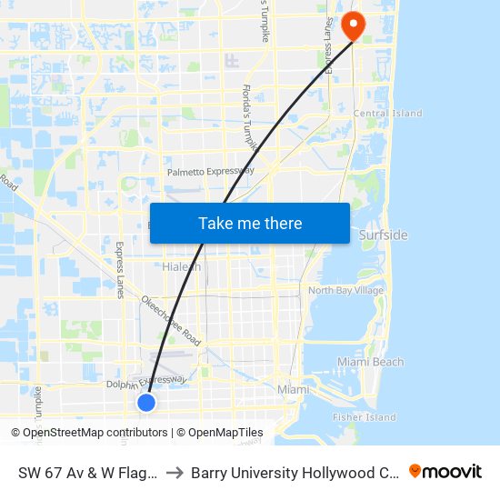 SW 67 Av & W Flagler St to Barry University Hollywood Campus map