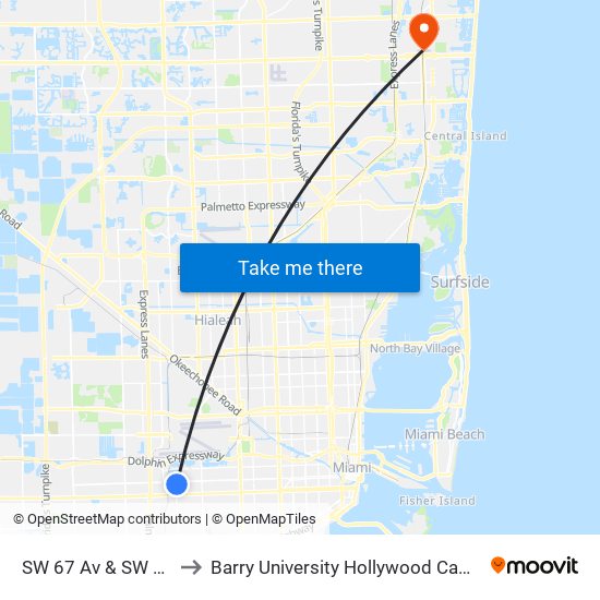 SW 67 Av & SW 2 St to Barry University Hollywood Campus map