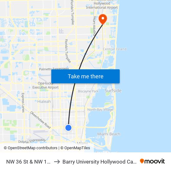 NW 36 St & NW 17 Av to Barry University Hollywood Campus map