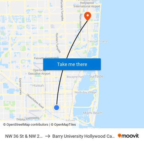 NW 36 St & NW 20 Ct to Barry University Hollywood Campus map