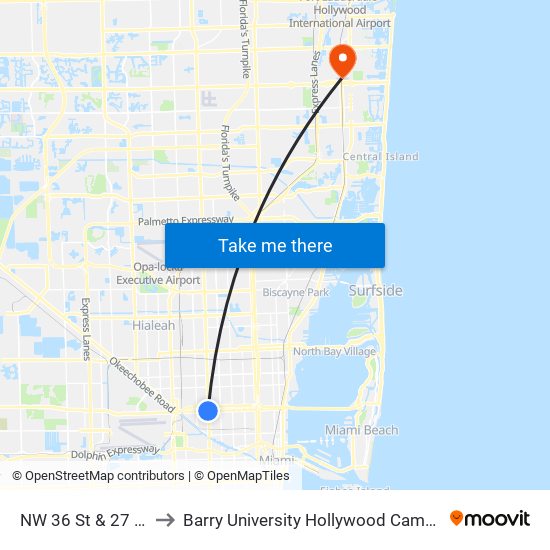 NW 36 St & 27 Av to Barry University Hollywood Campus map