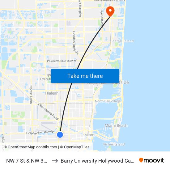 NW 7 St & NW 39 Av to Barry University Hollywood Campus map