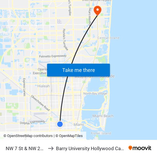 NW 7 St & NW 27 Av to Barry University Hollywood Campus map