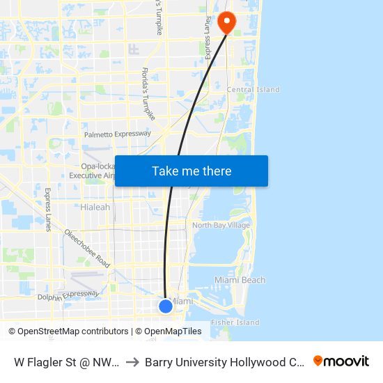 W Flagler St @ NW 8 Av to Barry University Hollywood Campus map