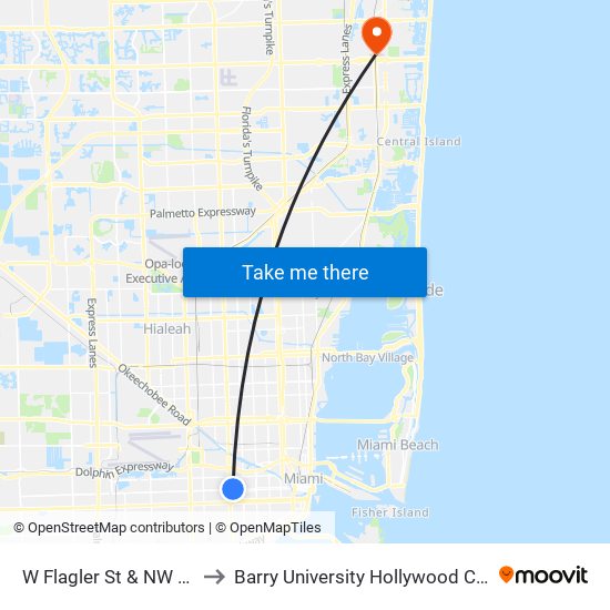 W Flagler St & NW 25 Av to Barry University Hollywood Campus map