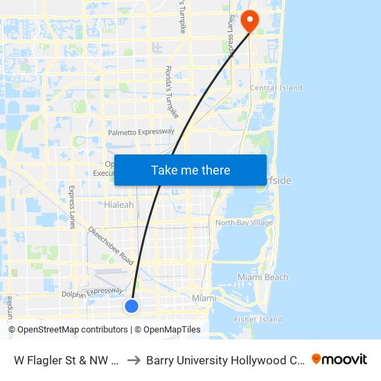 W Flagler St & NW 43 Av to Barry University Hollywood Campus map