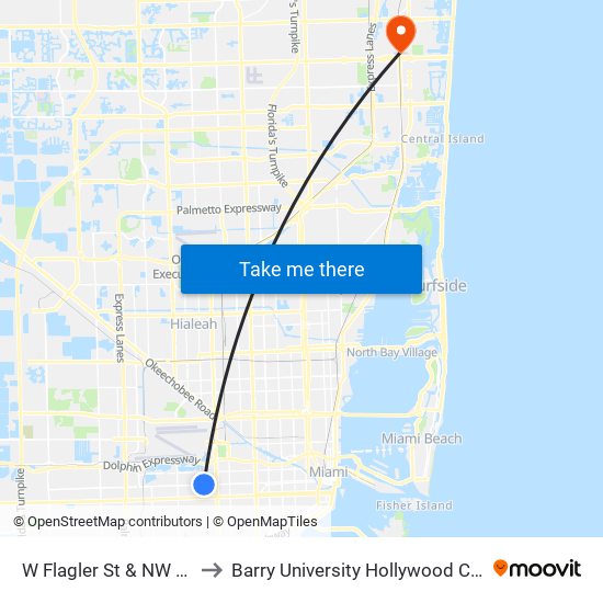 W Flagler St & NW 47 Av to Barry University Hollywood Campus map